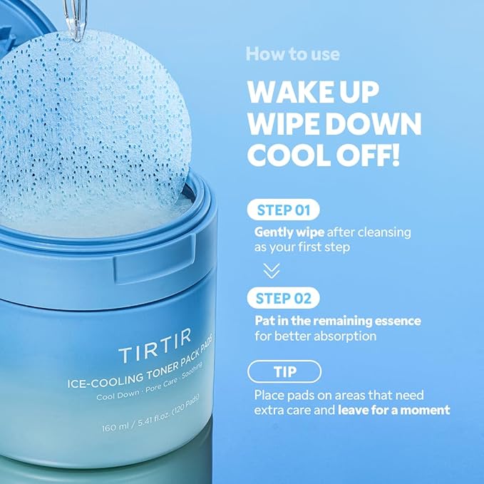 TIRTIR Ice-Cooling Icing Toner Pads | -3.76°C Instant Cool Down for Pore Reducing and Hydrating Korean Skincare (120 Units)