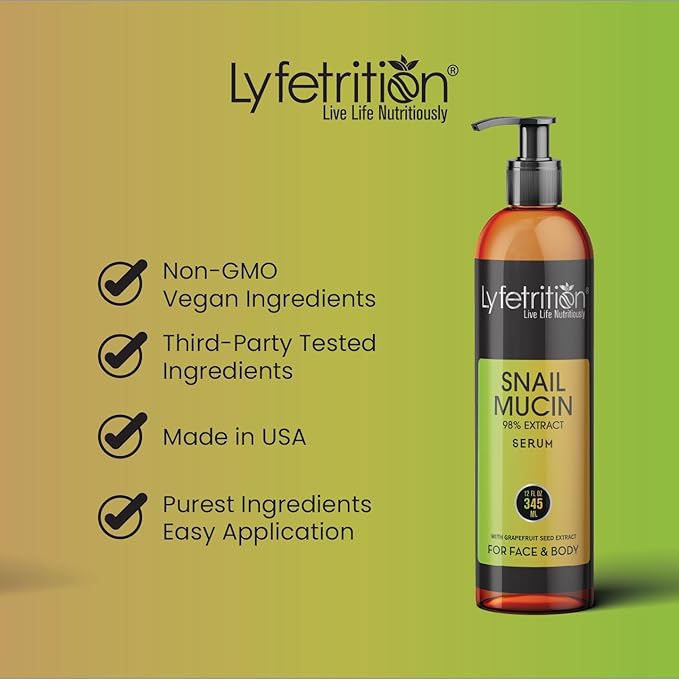 Lyfetrition Snail Mucin 98% Power Repairing Serum with Hyaluronic Acid & Aloe Vera, Skin Repair Serum, Moisturizing Serum Essence for Soothing, Reducing Fine Lines Deep Nourishing (12 Fl Oz)