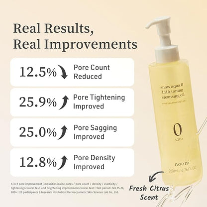 NOONI Korean Cleansing Oil - Snow Aqua 0 LHA Toning Cleansing Oil | Makeup Blackhead Remover, Pore Control, Glass Skin, Help Control Sebum, Revitalizing, Moisturizing, Korean Skin Care, 6.76 Fl Oz