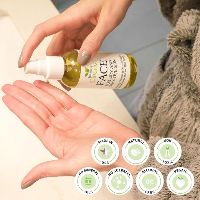 Clearly FACE, Natural Oil Cleanser Face Wash and Makeup Remover | Anti Aging Cleansing Oil with Rosehip, Avocado, Sea Buckthorn, Vegan Squalane | Water Free, Made in USA