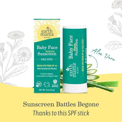 Earth Mama Baby Face Mineral Sunscreen Stick SPF 40 | Non-Nano Zinc, Natural Water Resistant Sun Cream for Babies, Kids & Adults 0.74-Ounce, 3-Pack