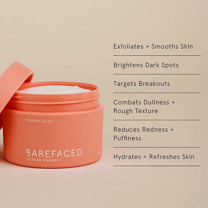 Barefaced Toning Pads (60 count) - Exfoliating Face Pads with 2% Glycolic Acid & Salicylic Acid - Brightens & Cleanses Skin, Clears Pores, Reduces Fine Lines & Wrinkles