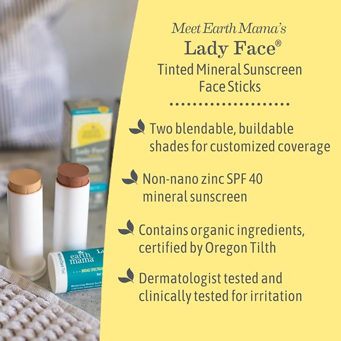 Earth Mama Lady Face® Tinted Mineral Sunscreen Stick SPF 40 Set |Contains Certified Organic Shea and Coca Butter | Foundation + Concealer + Contour, Blends with Most Skin Tones, 2-Pack