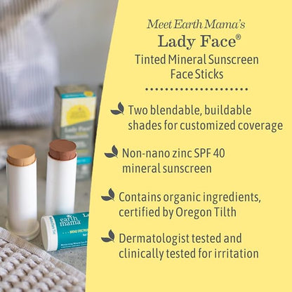 Earth Mama Lady Face® Tinted Mineral Sunscreen Stick SPF 40 Set |Contains Certified Organic Shea and Coca Butter | Foundation + Concealer + Contour, Blends with Most Skin Tones, 2-Pack