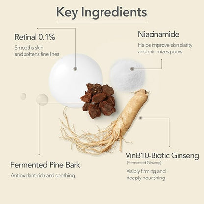 107 VINBIOME Retinal Serum, Retinal 0.1% & Ginseng, Hydrating & Firming Face, Supports Smooth & Youthful-Looking Skin, Gentle for Sensitive Skin (1.01 fl oz)