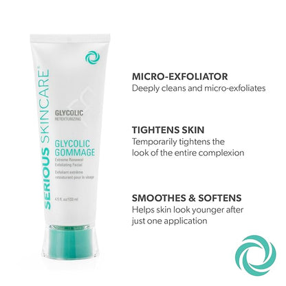 Serious Skincare - Glycolic Radiant Skin Set - Improve Appearance of Lines, Wrinkles and Enlarged Pores - Face Wash Cleanser, Gommage Exfoliating Clay Mask & Retexturizing Treatment Pads (3piece)