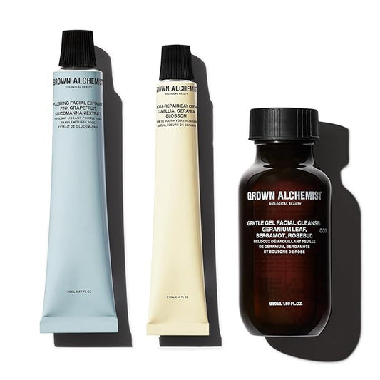 Grown Alchemist :: Travel Set of facial Skincare with Gentle Gel Cleanser, Polishing Facial Exfoliant & Hydra Repair Day Cream