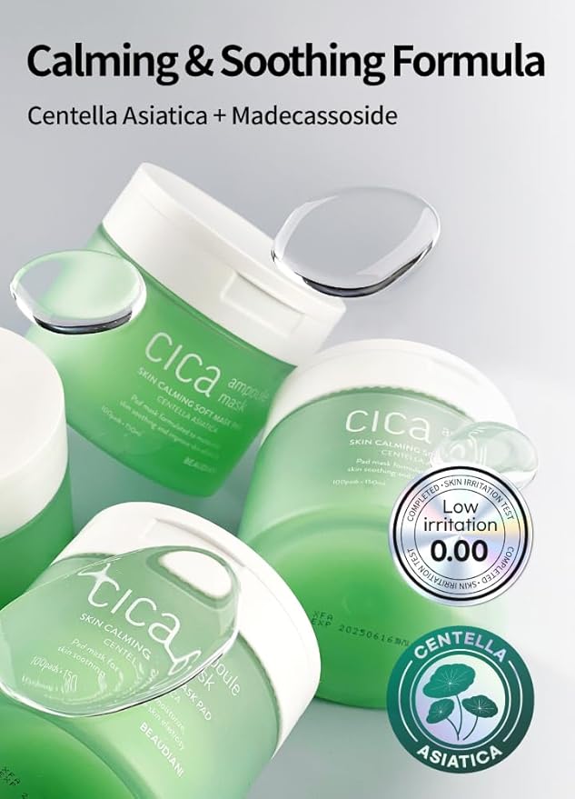 BEAUDIANI CICA Ampoule Toner Pads – 100 Pre-Soaked Facial Pads with Centella Asiatica, Hyaluronic Acid & Peptides | Korean Skincare for Sensitive Skin, Hydrating & Soothing
