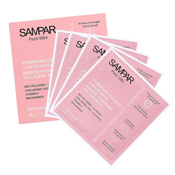 Sampar Hydrafuse Collagen 4 Hours or Overnight Mask – Korean Skincare for Radiant, Smooth Skin | Anti-Aging Face Mask with Ultra-Potent Collagen to Reduce Wrinkles, Tighten Pores & Boost Glow (4-Pack)