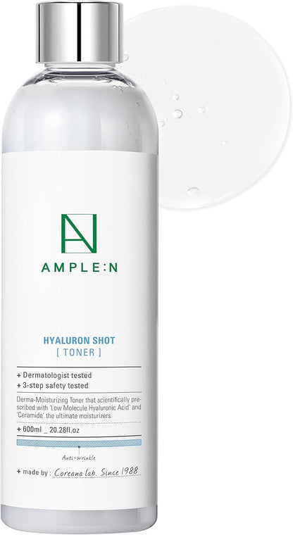 Ample:N Hyaluron Shot Toner – Korean Hyaluronic Acid and Ceramide Hydrating Face Toner - Moisturizing Essence for Minimizing Wrinkles – Dewy Healthy Glow Skin Booster for Dry Skin, 20.3 fl.oz.