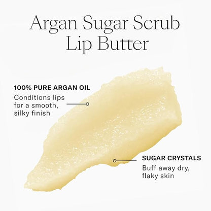 Josie Maran Lip Exfoliator Scrub & Plumping Lip Gloss - Argan Sugar Scrub Lip Butter in Crystal Clear & Hyaluronic Lip Booster in Happy - Buff Away Dry Skin for Soft Lips (2 Piece Lip Care Kit)