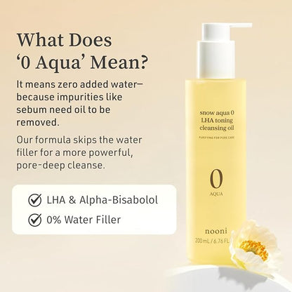 NOONI Korean Cleansing Oil - Snow Aqua 0 LHA Toning Cleansing Oil | Makeup Blackhead Remover, Pore Control, Glass Skin, Help Control Sebum, Revitalizing, Moisturizing, Korean Skin Care, 6.76 Fl Oz