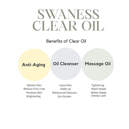 SWANESS Clear Oil, Japanese Premium Skincare Oil Cleanser – Anti-Aging Makeup Remover & Massage with Rice Power for Deep Pore Cleansing, Waterproof Mascara, Sunscreen & Radiant Skin