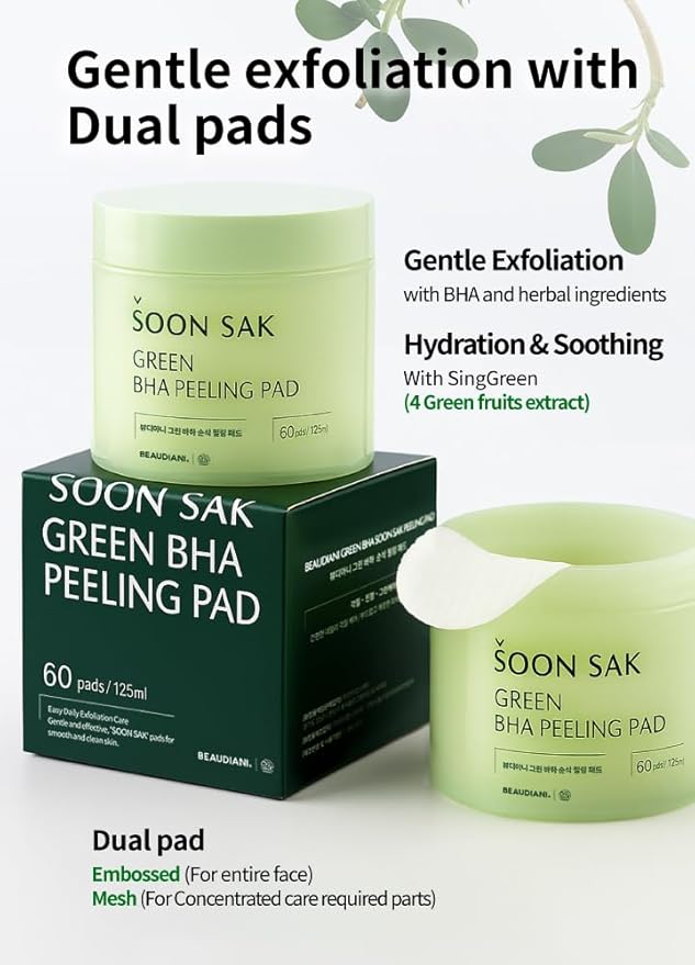 BEAUDIANI Green BHA soon sak peeling pad, 60pads, facial peel, Korean toner pads, exfoliator, pore tightening, soothing & hydrating, skincare pads, chemical peel, fruits extract
