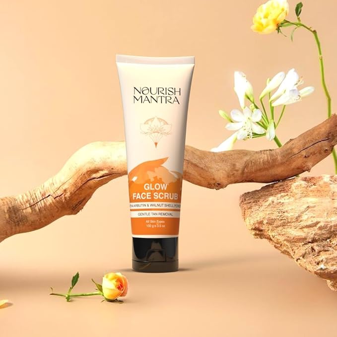 Nourish Mantra Glow Face Scrub | For Tan Removal, Gentle Exfoliation & Improved Skin Tone | Infused with Walnut Shell Powder, Alpha Arbutin, Hyaluronic Acid | All Skin Types | For Men & Women 100 ml