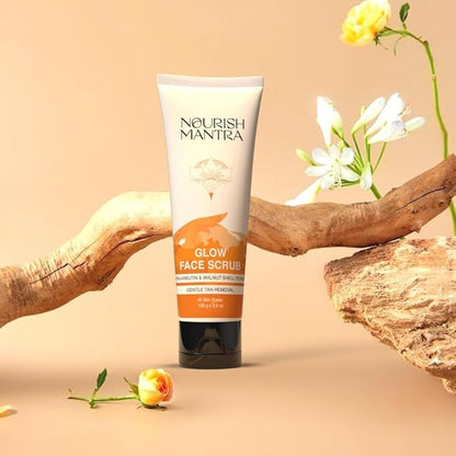 Nourish Mantra Glow Face Scrub | For Tan Removal, Gentle Exfoliation & Improved Skin Tone | Infused with Walnut Shell Powder, Alpha Arbutin, Hyaluronic Acid | All Skin Types | For Men & Women 100 ml