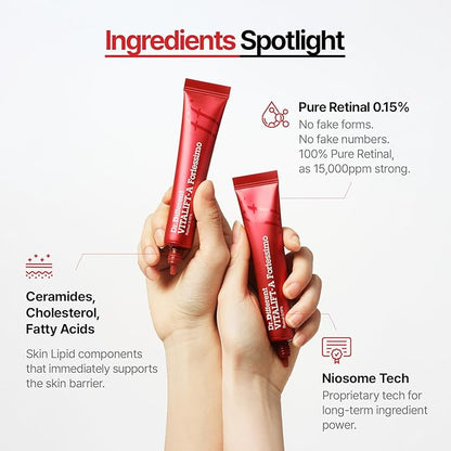 Dr.Different VITALIFT-A Fortessimo Retinal 0.15% - Clinical Grade Anti-Aging Cream for Wrinkle Reduction, Elasticity, Hydration, Lifting with Vita A, K-Skincare made by Korean Dermatologist, 1.06oz