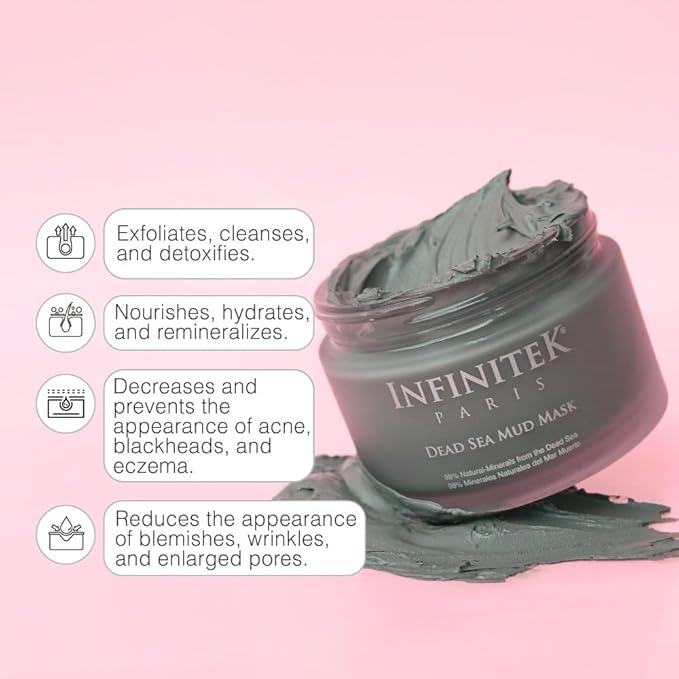 Infinitek Paris Dead Sea Mud Mask 6.34 Fl Oz - Face Mask for Acne Treatment, Blackhead Remover, Antioxidant Pore Cleaner