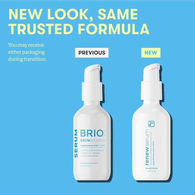 BRIOTECH Renew Serum, Hypochlorous Acid Mineral Gel, Soften Fine Line Appearance, Smooth Skin for Face, Neck, Chest, Spot Corrector, Soothe Redness, Vegan, 2 fl oz (2 Pack)