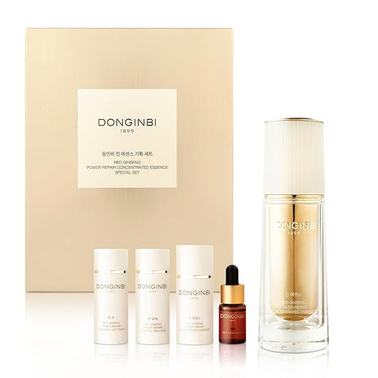 Donginbi Red Ginseng Power Repair Concentrated Essence(1.69 floz) Set - Korean Red Ginseng Essence with Collagen, Hydrating Toner, Firming Face Oil, Korean Skin Care Gifts for Women, Travel Kit