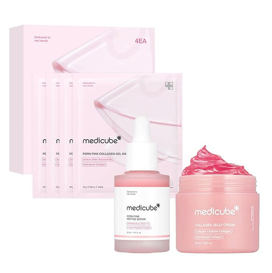 medicube Pink Glass Glow Skin Trio: Salmon DNA PDRN pink collagen jelly gel mask (4ea) and PDRN Pink Peptide Serum, glow serum and Collagen Jelly Cream 50ml | Holiday Stocking Stuffers