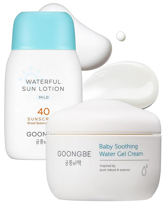 GOONGBE Sun Lotion SPF 40 & Baby Soothing Water Gel Cream - Zinc Oxide Mineral Sunscreen & Cooling Moisturizer - Korean Skincare for Babies Kids - Hypoallergenic Formula, 2.82oz & 3.38oz