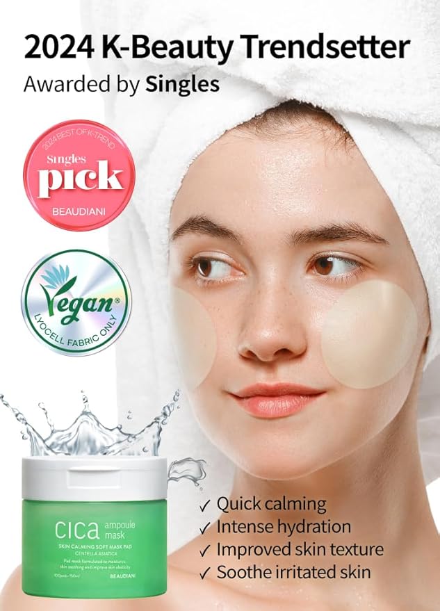 BEAUDIANI CICA Ampoule Toner Pads – 100 Pre-Soaked Facial Pads with Centella Asiatica, Hyaluronic Acid & Peptides | Korean Skincare for Sensitive Skin, Hydrating & Soothing