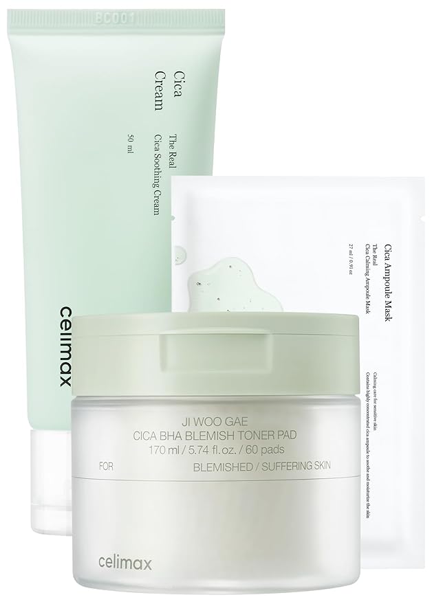 celimax Ji.Woo.Gae Cica BHA Blemish Toner Pad (60 Pads) + The Real Cica Soothing Cream 50ml + The Real Cica Calming Ampoule Mask 27ml (5EA) Bundle