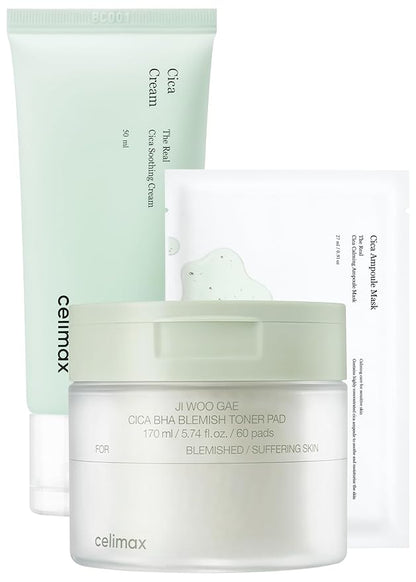celimax Ji.Woo.Gae Cica BHA Blemish Toner Pad (60 Pads) + The Real Cica Soothing Cream 50ml + The Real Cica Calming Ampoule Mask 27ml (5EA) Bundle
