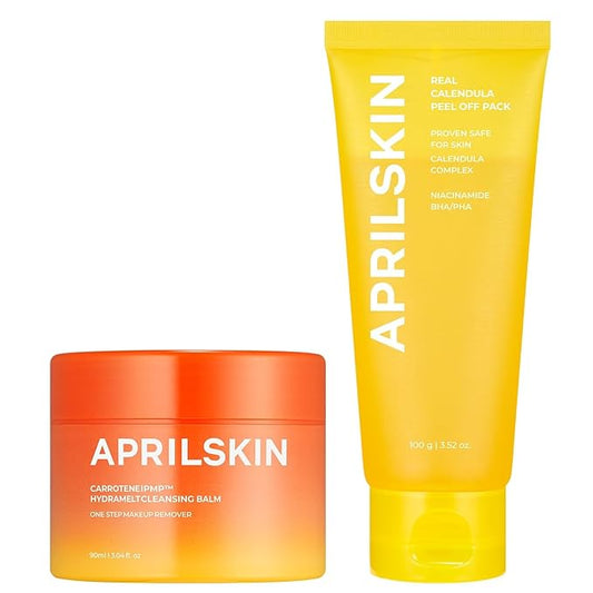 APRILSKIN Deep Clean & Glow Duo : Carrotene IPMP™ Hydromelt Cleansing Balm & Calendula Flower-Infused Peel Off Mask, Thorough Cleansing and Radiant Skin Care | Stocking Stuffers for Teen Girls