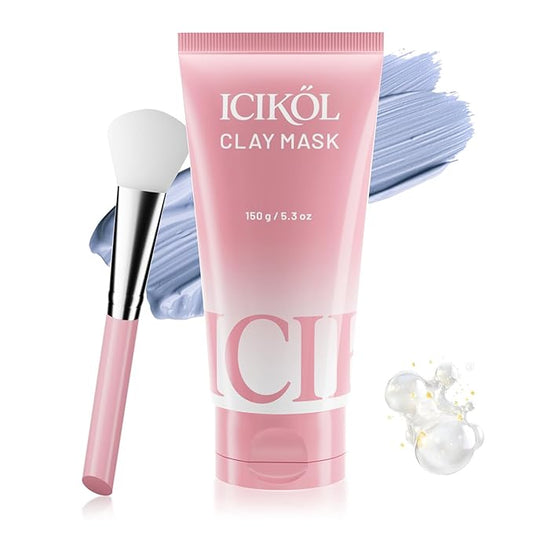 Large Kaolin Clay Face Mask, 15 Minutes Visible Pore Purifying and Skin Glowing Blue Mud Masks with Pearl and Niacinamide, Brush Included, 5.3 oz