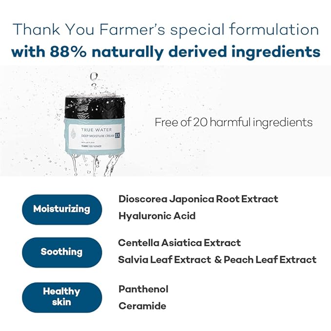 THANKYOU FARMER True Water Deep Moisture Cream EX - Hyaluronic Acid Moisturizer, Ceramide, Panthenol, Dermatologist Tested Korean Moisturizer for Face, Fragrance-free, 2.81 Fl Oz (80ml)