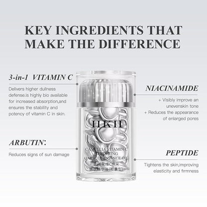 HKH Triple Vitamin C Dark Spots Correction Capsules Serum For Face,Camellia VE Anti-Aging Essence For Women Camellia Niacinamide serum For Women To Tighten Sagging Skin And Reduce Fine Lines