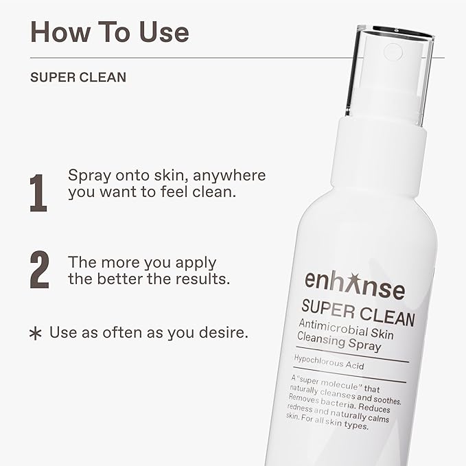 Super Clean, Hypochlorous Acid Spray, Helps Heal Acne Prone Skin, Eczema & Itchy Rashes, No Rinse Cleanser, Use Post Workout, Post Shave or Travel, Skin Care for Men, All Types, 100 mL
