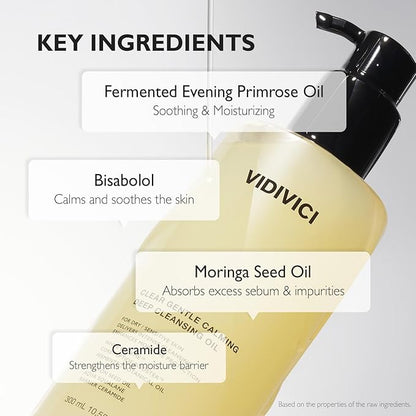 VIDIVICI Clear Gentle Calming Deep Cleansing Oil 10.14 fl.oz | Smooth & Gentle Makeup Remover for Sensitive Skin, Protect Skin Barrier with Ceramide, Korean skin care