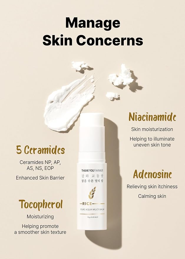 THANKYOU FARMER Rice Pure Aqua Multi Balm - Exclusive Korean Rice Extract, 5 Ceramide, Eye Treatment Balm, Korean Multi Balm Stick for Face, Fragrance-Free