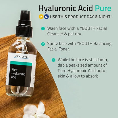 YEOUTH Pure Hyaluronic Acid Serum for Face 99% for Dry & Dull Skin, Hydrating Hyaluronic Acid Skincare Serum for Women & Men, For All Skin Types 2oz