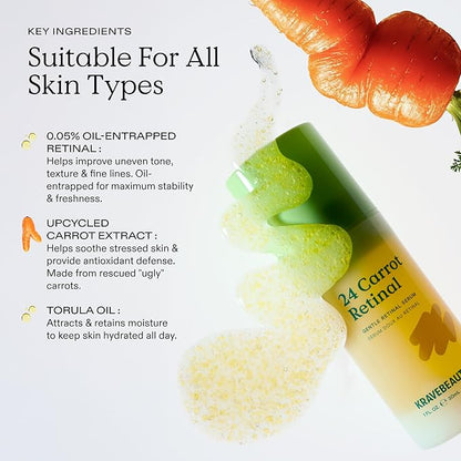 KraveBeauty 24 Carrot Retinal - 30ml, Korean Skincare-Inspired Gentle Retinal Serum, Smooths Skin Texture, Supports Skin Barrier, Lightweight Non-Sticky Gel, Nourishes with Upcycled Carrot Extract