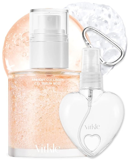 Apricot Collagen Gel Serum Mist Korean Face Moisturizer Spray - 8 Layer Hyaluronic Acid and Bakuchiol - Heart Shape Clear Keychain Refillable Travel Portable Bottle, 3.38oz