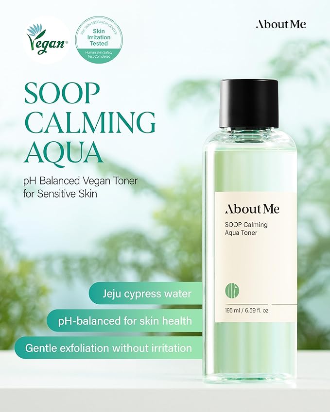 ABOUT ME SOOP Calming Aqua Toner – Korean 90.6% Jeju Cypress Water pH Balancing Toner for All Skin Types – Daily Gentle Exfoliation with Mandelic Acid & Centella – Korean Skin Care – 6.59oz, 195ml