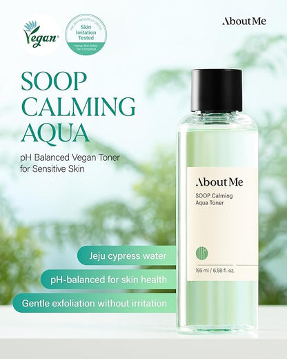 ABOUT ME SOOP Calming Aqua Toner – Korean 90.6% Jeju Cypress Water pH Balancing Toner for All Skin Types – Daily Gentle Exfoliation with Mandelic Acid & Centella – Korean Skin Care – 6.59oz, 195ml