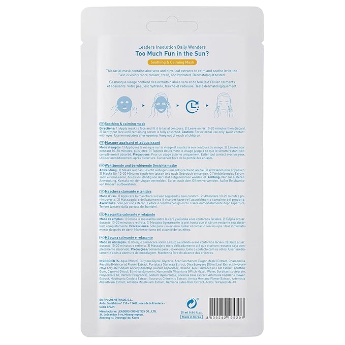 Leaders Insolution Daily Wonders Too Much Fun in the Sun? Facial Mask Sheet Soothing and Calming Hydrating Korean Skincare (10 Sheets)