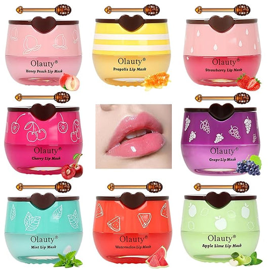 8 PCS Bee Lip Balm Lip Mask Honey Pot,Honey Lip Balm Bulk,Strawberry,Watermelon,Apple Lime,Cherry,Mint, Grapes&Peach Flavors,Sleeping Mask Overnight with Stick,Hydrating Prevention Dry&Cracked