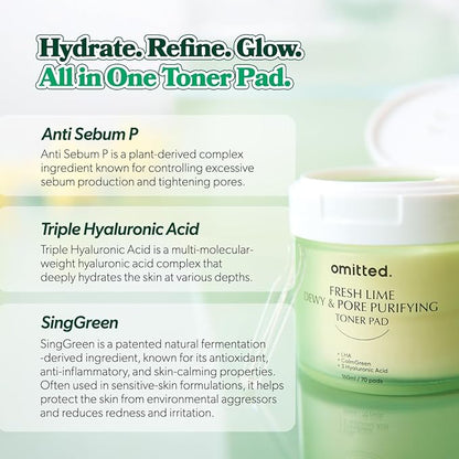 Omitted Fresh Lime Dewy & Pore Purifying Toner Pad - Pore Minimizer & Dead Skin Cells Exfoliator with LHA, Deep Hydration with Triple Hyaluronic Acid, Korean Skin Care, 70 pads, 5.41 fl. oz. (160ml)
