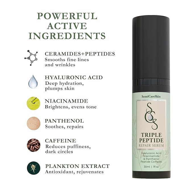 Next-Gen Bioactive Peptide + Marine Repair Serum – Hydrating & Firming Face + Eye Moisturizer with Caffeine, Ceramides & Hyaluronic Acid | Anti-Aging & Sensitive-Skin Safe, 1 oz