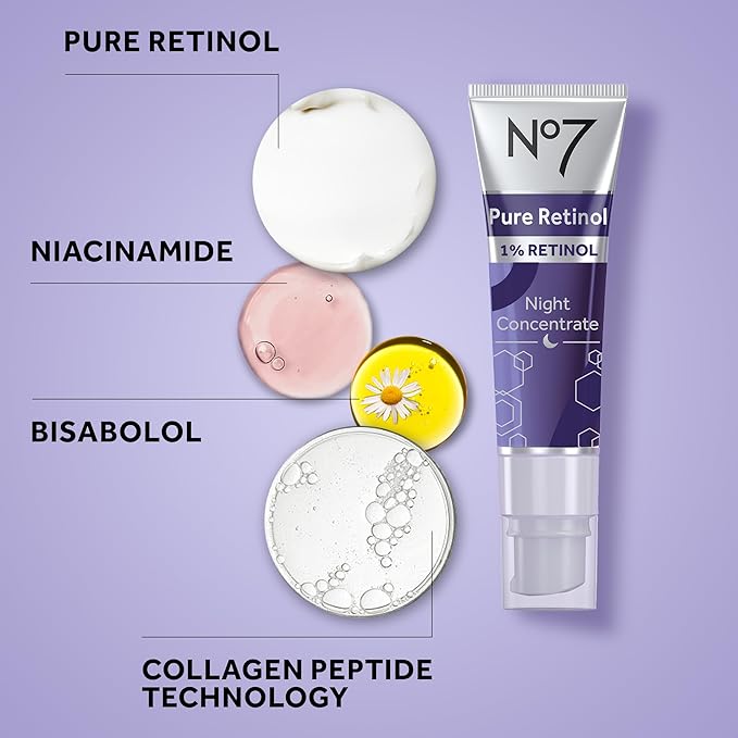 No7 Pure Retinol 1% Night Concentrate - Anti Wrinkle Retinol Serum with Collagen Peptides & Niacinamide for Younger Looking Skin - Firming Face Serum for Fine Lines & Wrinkles (30ml)