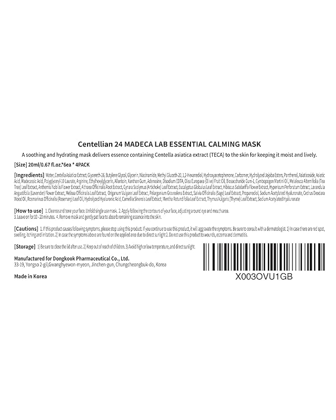 CENTELLIAN 24 Madeca Mask (Extra Calming, 6pc) - Face Mask Sheet Ultra Calming, Soothing for Sensitive Acne-prone with Centella Asiatica TECA, Niacinamide. Korean Skin Care for Men Women by Dongkook