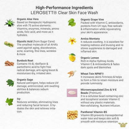 LEROSETT® Clear Skin Face Wash – Gentle Gel Cleanser with 60% Aloe-Rich Botanicals, 4% Glycolic Acid & Vit-E Microbeads – Fights Breakouts, Unclogs Pores, Balances Oil – Spa-Grade, Vegan – 6.7oz