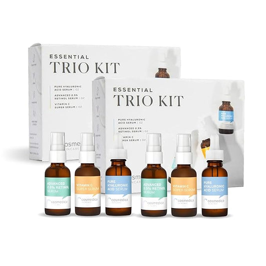 Cosmedica Skincare Facial Serum Trio Set Value for Clear Skin - Vitamin C Super Serum, 2.5% Retinol Serum, Pure Hyaluronic Acid Serum – Vegan, Cruelty-Free Skincare 6 pack