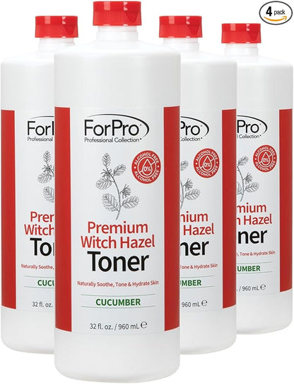 ForPro Premium Witch Hazel Toner, Alcohol-Free, Naturally Soothe, Tone & Hydrate Skin, Vegan, Cucumber Scent, 32 Fl Oz (Pack of 4)